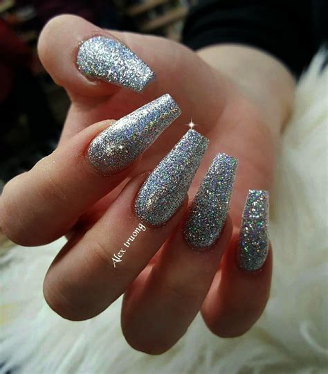 silver gel nails|silver glitter acrylic nails.